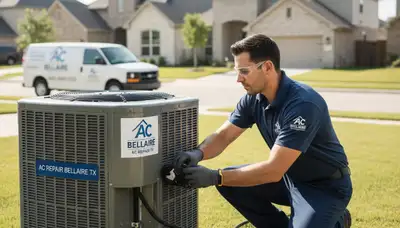 Professional AC repair technician servicing air conditioner in Houston, TX home