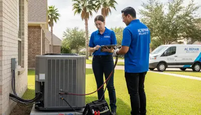 Professional AC repair technician servicing air conditioner unit in Houston TX home