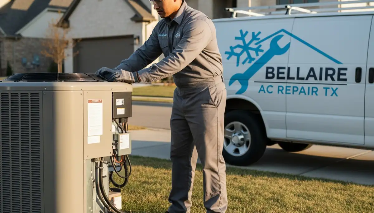 Professional AC repair technician servicing air conditioner unit in Houston, TX