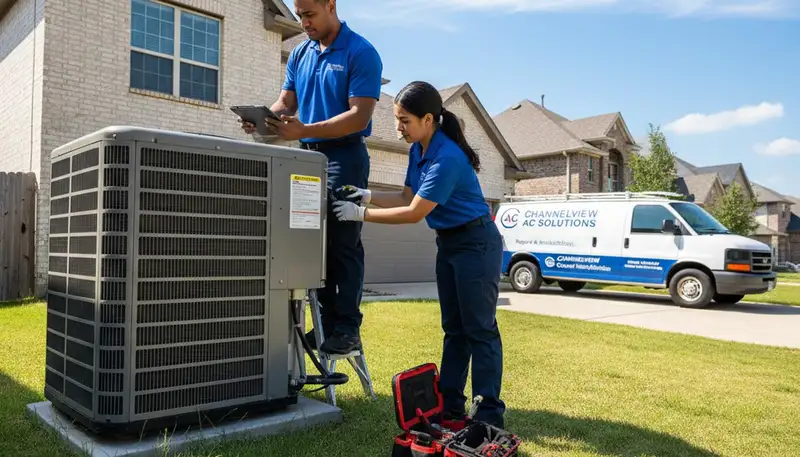 Professional AC repair technician servicing air conditioner unit in Houston, TX