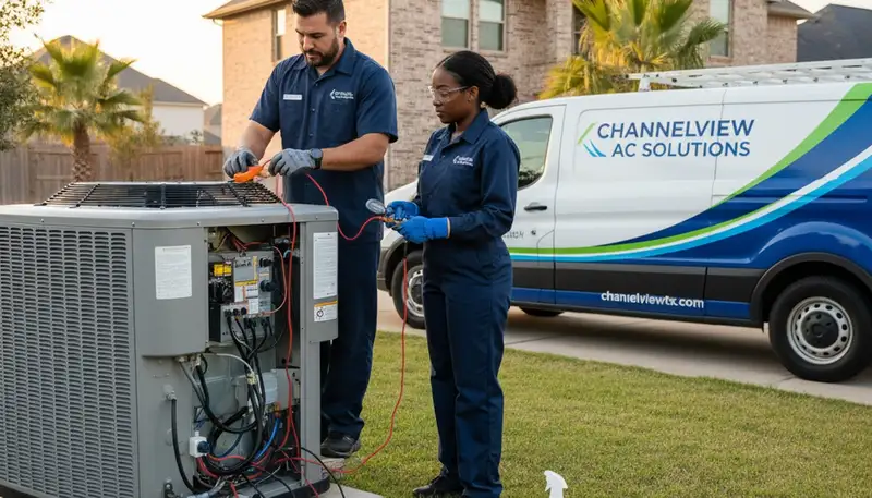 Professional AC repair technician servicing air conditioner unit in Houston TX