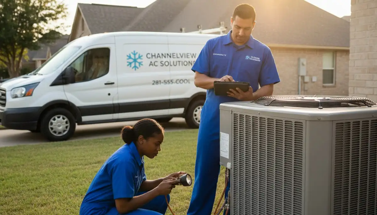 Professional AC repair technician servicing air conditioning unit in Houston TX