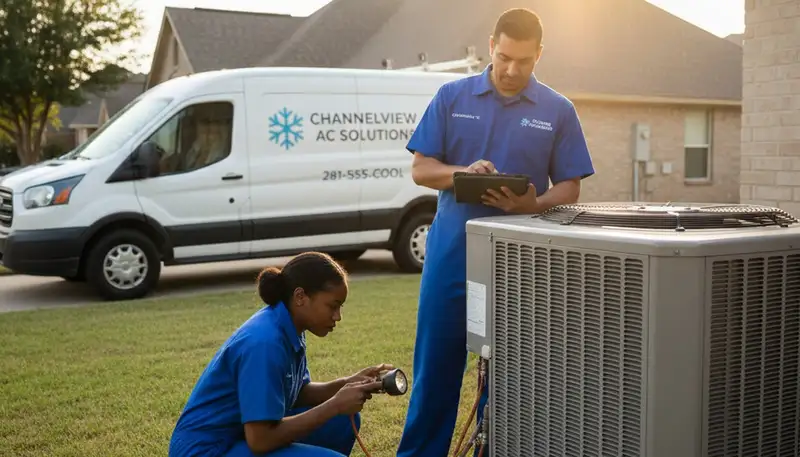 Professional AC repair technician servicing air conditioning unit in Houston TX