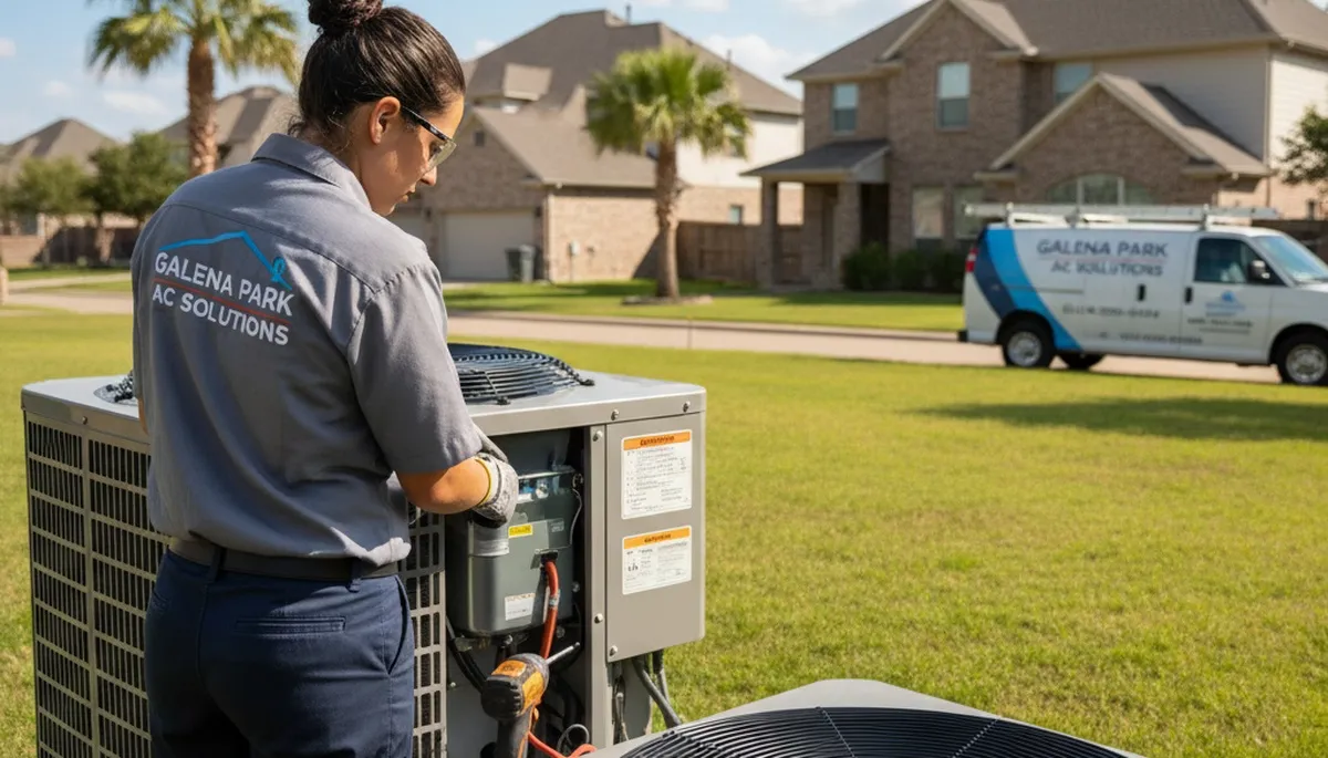 Professional AC repair technician servicing air conditioner unit in Houston TX home
