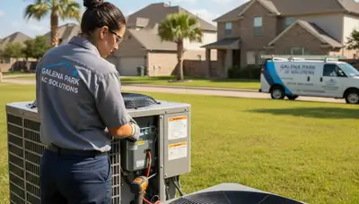 Professional AC repair technician servicing air conditioner unit in Houston TX home