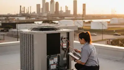 Professional AC repair technician servicing air conditioner unit in Houston TX