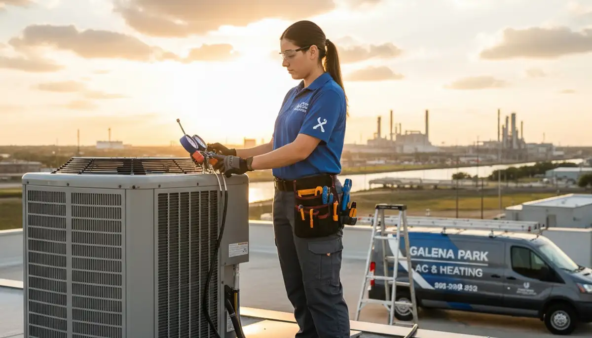 Professional AC repair technician servicing air conditioner in Houston TX home