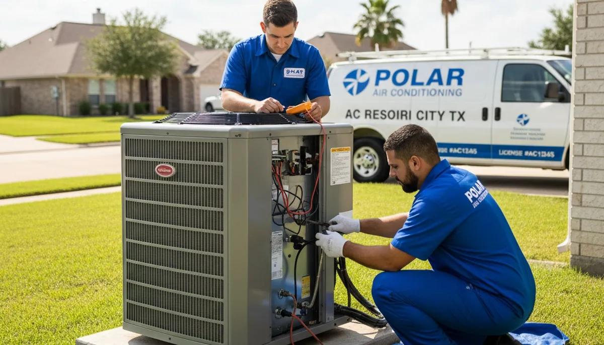 Professional AC repair technician servicing air conditioner unit in Houston, TX