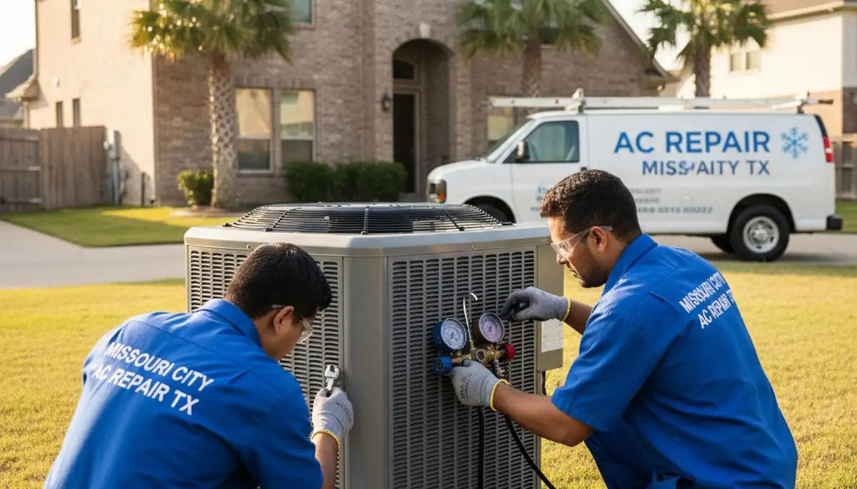 Professional AC repair technician servicing air conditioner unit in Houston TX home