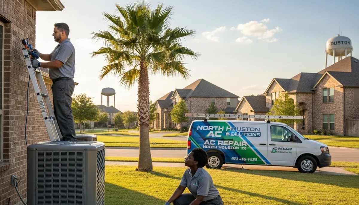 Professional AC repair technician servicing air conditioner unit in Houston TX