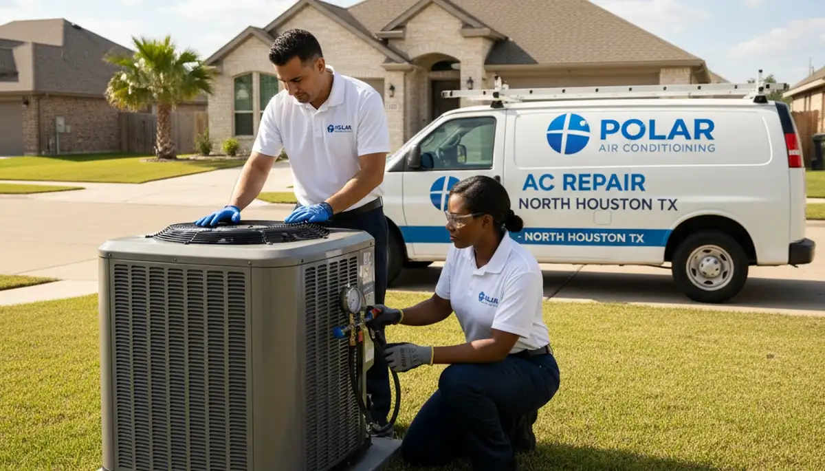 Professional AC repair technician servicing air conditioning unit in Houston, TX