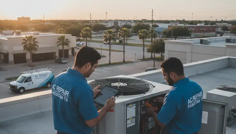Professional AC repair technician servicing air conditioner unit in Houston TX
