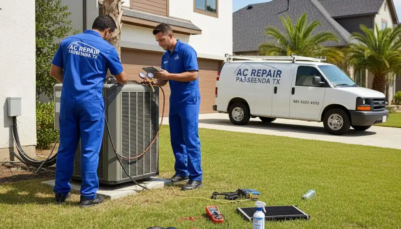 Professional AC repair technician servicing air conditioner unit in Houston TX