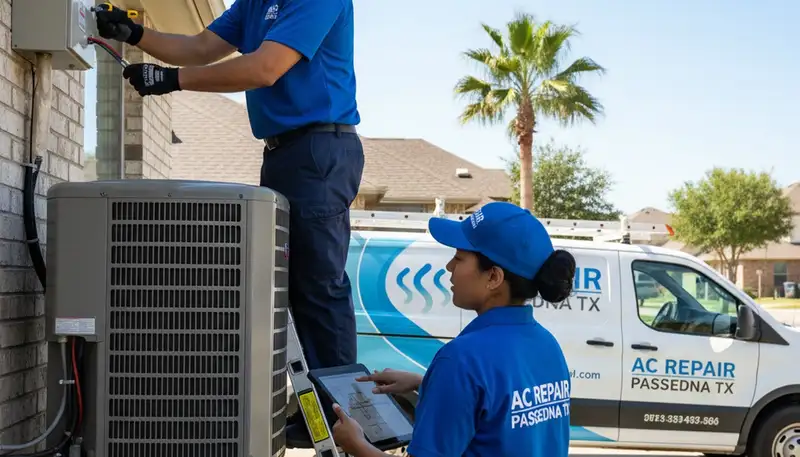 Professional AC repair technician servicing air conditioner unit in Houston TX home
