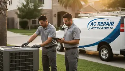 Professional AC repair technician servicing air conditioner unit in Houston TX home