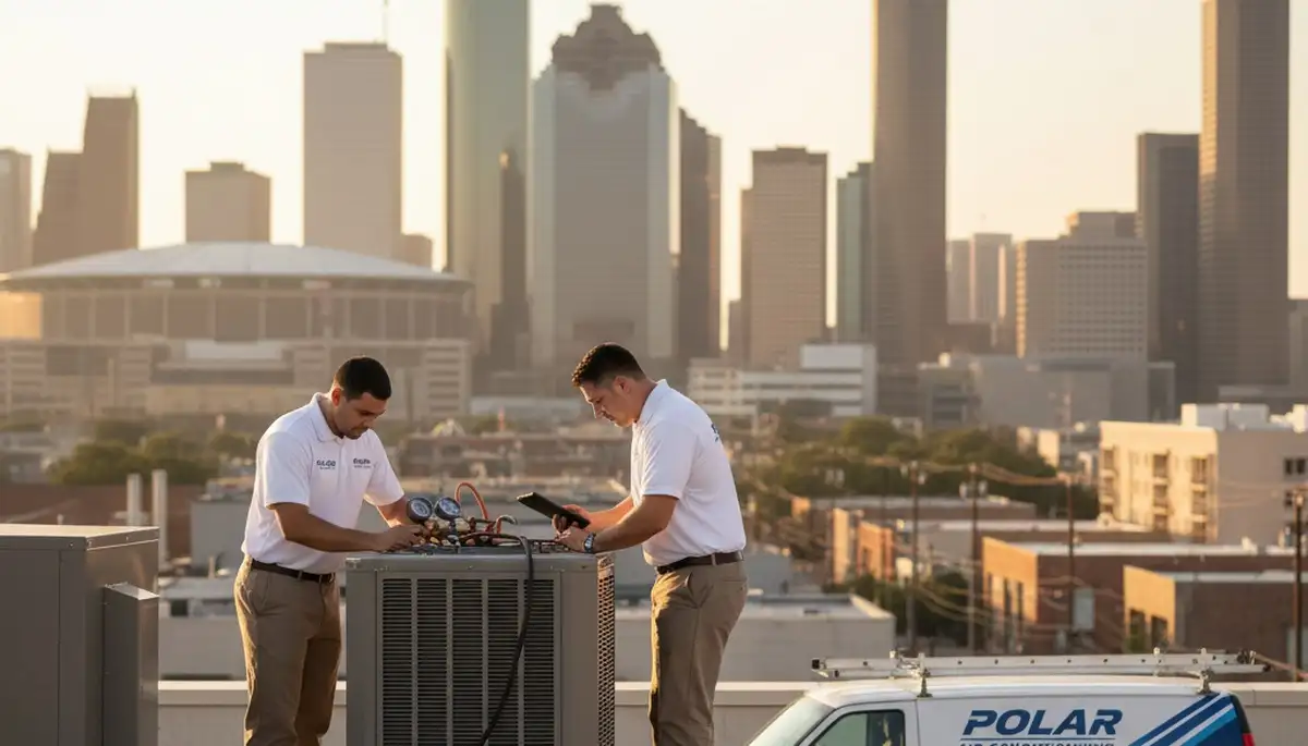 Professional AC repair technician servicing air conditioner unit in Houston TX
