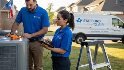 Professional AC repair technician servicing air conditioner unit in Houston TX home