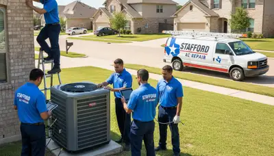 Professional AC repair technician servicing air conditioner unit in Houston TX home