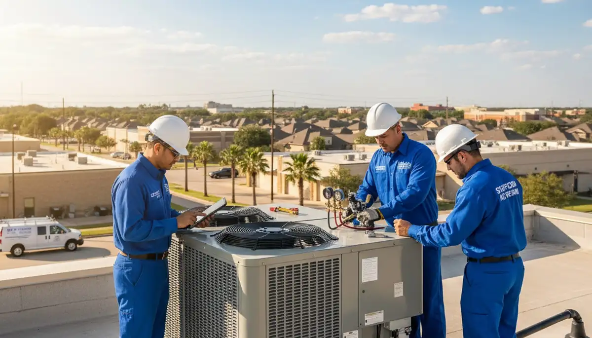 Professional AC repair technician servicing air conditioner unit in Houston, TX