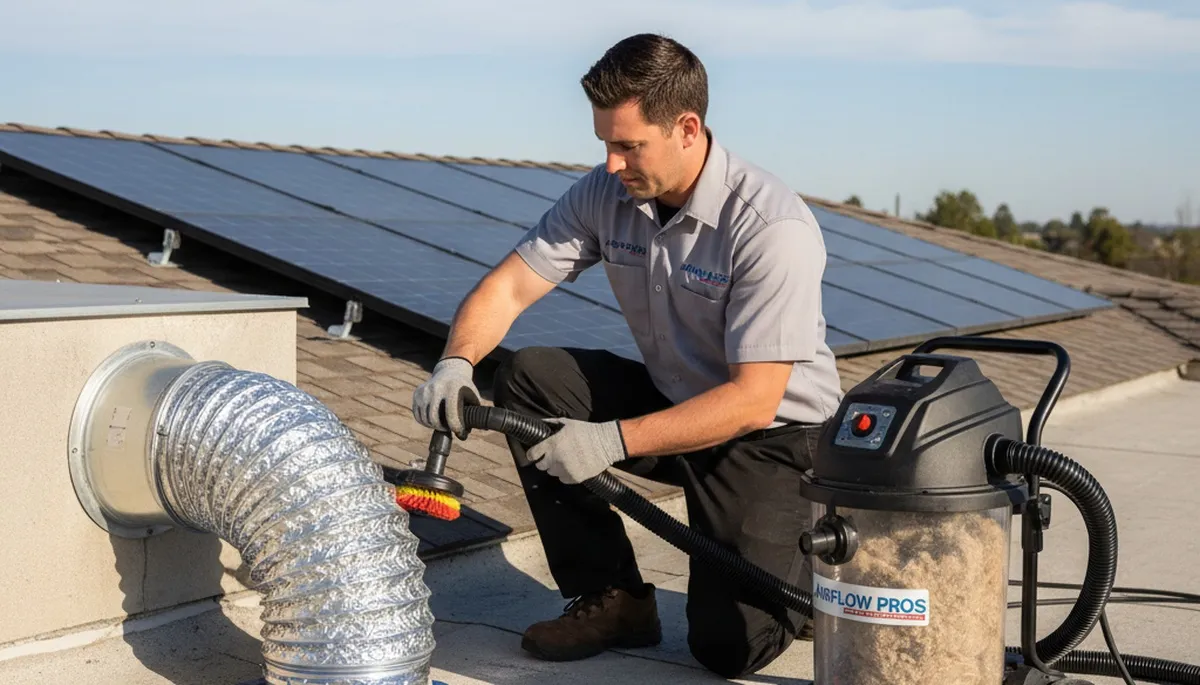 Technician cleaning dryer vent for improved airflow in Houston, TX home | Five Star Cooling