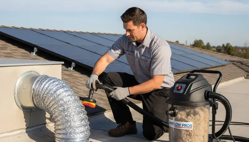 Technician cleaning dryer vent for improved airflow in Houston, TX home | Five Star Cooling