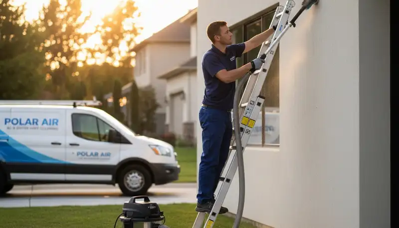 Technician cleaning dryer vent for efficient airflow at Houston TX home by Five Star Cooling