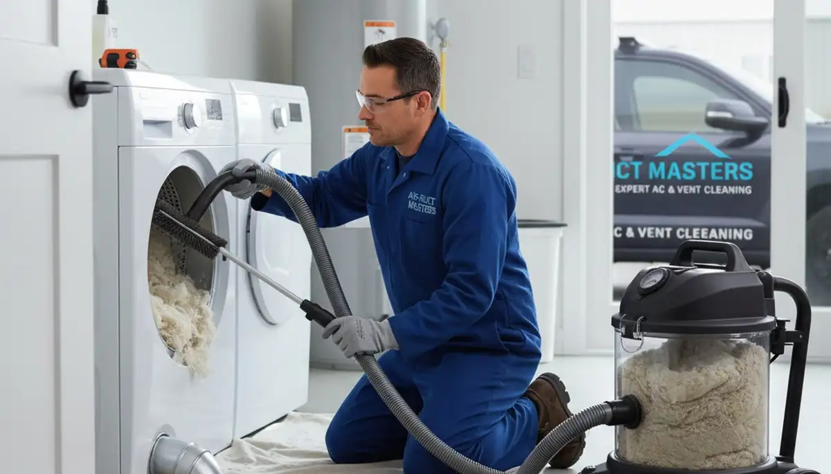 Technician cleaning dryer vent for improved airflow and safety in Houston, TX home
