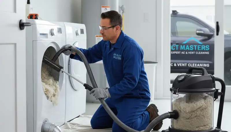 Technician cleaning dryer vent for improved airflow and safety in Houston, TX home