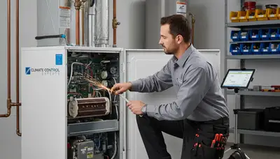 Technician performing furnace repair service in Houston TX home for Five Star Cooling