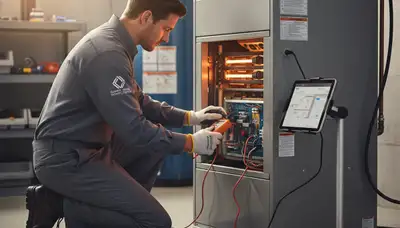 Technician performing furnace heating repair for a Houston, TX home by Five Star Cooling