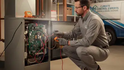 Technician performing heating repair service in Houston TX home for Five Star Cooling