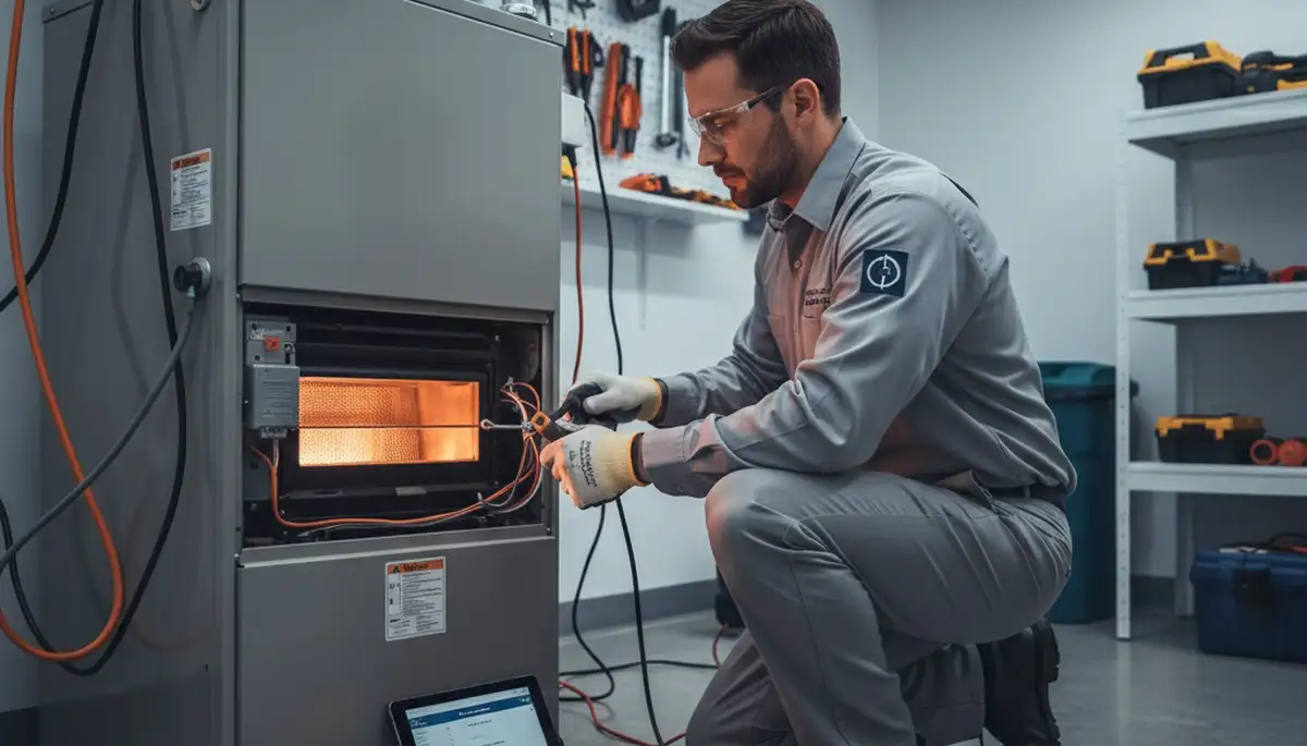 Technician performing heating repair on furnace system in Houston, TX home by Five Star Cooling