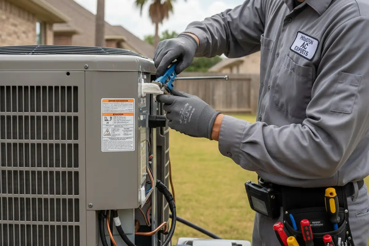 Houston technician completing final AC repair installation with precision and quality craftsmanship