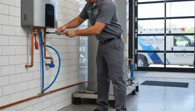 Technician repairing residential water heater in Houston TX for Five Star Cooling service