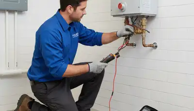 Technician repairing residential water heater in Houston TX for Five Star Cooling service