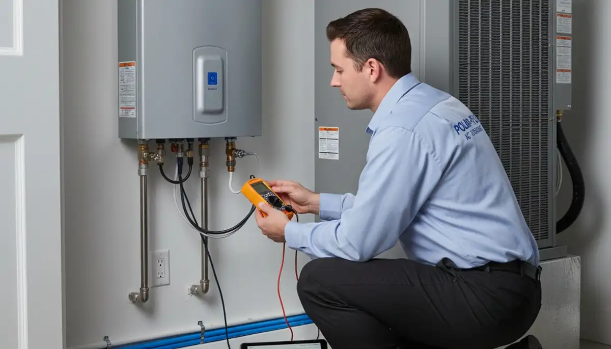 Technician performing water heater repair in Houston TX for residential energy-efficient system maintenance